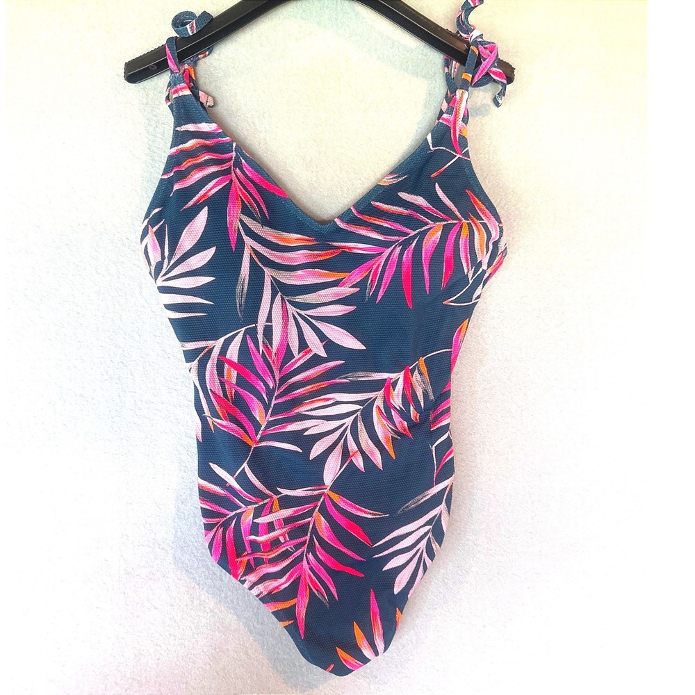 Jessica Simpson Womens L Tropical Palm Print Tie‎ Shoulder One Piece Swimsuit